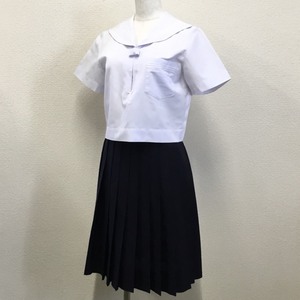 F348 (中古) セーラー服 上下セット /M/W66/丈59/加古川松原屋/夏服/半袖/白ライン3本/制服/中学校/高校/女子学生/学生/学生服