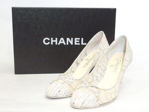 CHANEL シャネル シースルーレース　ツィード　ココマーク　リボン　パンプス　ヒール ・36　C アイボリー