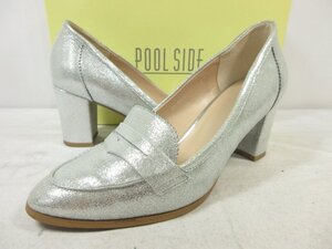 極美品 【POOLSIDE プールサイド】 レザー ラメ Uチップ チャンキーヒール パンプス 婦人靴 (レディース) size23 シルバー系 ◯30LZ4801◯