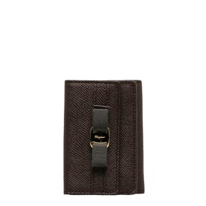 サルヴァトーレフェラガモ ヴァラリボン 三つ折り財布 コンパクトウォレット JL-22 D951 ブラウン レザー Salvatore Ferragamo 【中古】