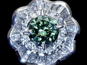 1円～【ジュエリー極】CGL鑑付 超大粒極上1粒グリーンダイヤモンド1.005ct(VS-2)＆ダイヤ1.08ct 超高級Pt900リング k9302ikl【送料無料】