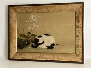 日本画 絵師　原在明　睡猫図　絹本　真作　肉筆　 額装品　時代物　江戸後期　古美術