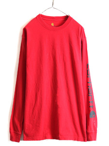■ カーハート 袖 プリント コットン 長袖 Tシャツ ( メンズ M ) CARHARTT ロゴTシャツ ロンT ヘビーウェイト プリントTシャツ 袖プリ 赤