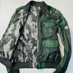 美品/3 Lサイズ相当★モンクレール/MONCLER リバーシブル ナイロンフライトジャケット MA-1 袖ロゴワッペン トリコロール カーキ 迷彩