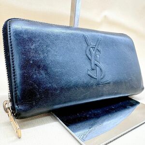 美品●YVESSAINTLAURENT イヴサンローラン カサンドラ レザー ラウンドファスナー 長財布 ウォレット ブラック 黒AZ4071 型押しロゴ ジップ