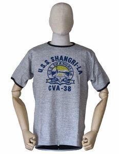 WAREHOUSE サイズL 杢グレー×スミクロ 4059 U.S.S. SHANGRI-LA リンガーTシャツ ウエアハウス