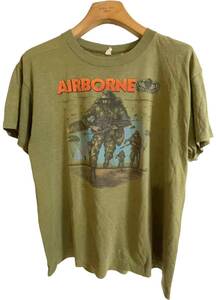 VTG 1987 Just Brass AIRBORNE Tシャツ XL body:Lexington 袖シングルステッチ　オリーブ 80