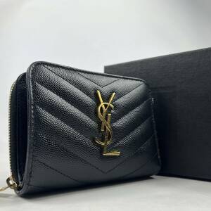 1円〜【付属品完備】 SAINT LAURENT サンローラン 二つ折り財布 ラウンドファスナー ブラック 黒 キャビアスキン YSL キルティング 