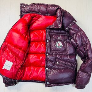 美品/表記1 M-L相当★モンクレール/MONCLER デカロゴ 胸ワッペン ダウンジャケット フーデット ツートンカラー 肉厚 メンズ ボルドー