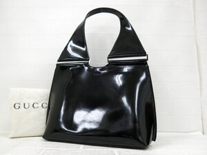 ◆超美品◆GUCCI グッチ◆ロゴ型押し◆エナメル パテント レザー 本革◆ハンド バッグ◆ブラック シルバー金具◆イタリア製◆肩掛け◆A9507