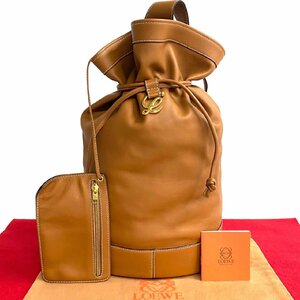 ほぼ未使用 袋 ポーチ付 LOEWE ロエベ アナグラム ロゴ 金具 レザー 本革 巾着 ワン ショルダーバッグ ボディバッグ ブラウン 40390