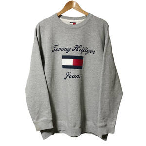 90s USA製 TOMMY JEANS トミーヒルフィガー スウェット トレーナー ロゴ L グレー 霜降り 裏起毛 ヴィンテージ メンズ A19