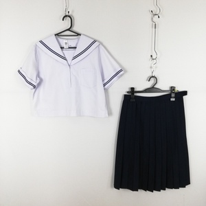 1円 セーラー服 スカート 上下2点セット 大きいサイズ 夏物 青2本線 女子 学生服 中学 高校 白 制服 中古 ランクC EY3796