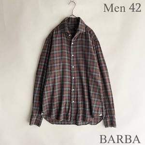 【イタリア製】BARBA バルバ コットンフランネル ドレス シャツ チェック カッタウェイ 大きめサイズ 高級 起毛素材 グレー系 size 42 sk