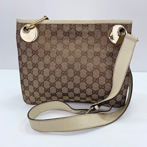 1円スタート GUCCI グッチ GG キャンバス レザー ホワイト ショルダーバッグ YH392