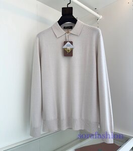 Loro Piana　ロロピアーナ メンズ ニットポロシャツ 長袖Tシャツ トップス ウール ニットカットソー ホワイト Lサイズ 紳士服 無地