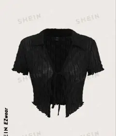 SHEIN 黒 クロップドシャツ 半袖 メッシュ トップス