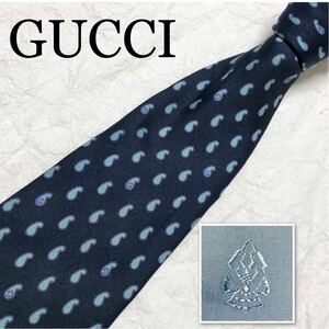 GUCCI グッチ　ネクタイ　Gマーク 勾玉 総柄　シルク100% イタリア製　ブルー