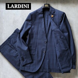 美品☆LARDINI セットアップスーツ ネイビースーツ ウィンドペンチェック柄 春夏 サマーウール 清涼 ブートニエール イタリア製 48 1円