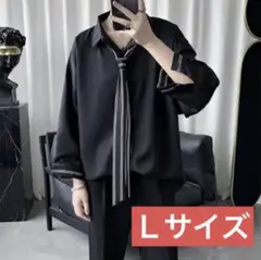 メンズシャツトップスボーダータイ付き（ブラックLサイズ）シンプル洋服