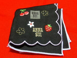 新品 ANNASUI アナスイ 送料140円から 黒 ダブルガーゼ 刺繍 ハンカチ タオル 綿100 未使用 タグ付 ブランド