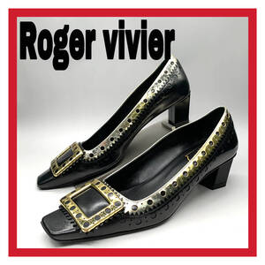 レディース Roger vivier [ロジェヴィヴィエ] パンプス スクエアトゥ バックル ヒール レザー ブラック 黒 37.5 24.5cm シューズ イタリア