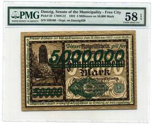 ダンチヒ　1923年　500万マルク　PMG 　58