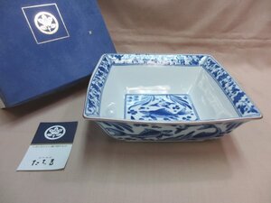 橘吉 たち吉 染付 遊漁柄 盛鉢 方形 深鉢 大鉢 未使用品