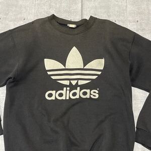 80s adidas USA製 ビッグロゴ トレフォイル デカロゴ スウェット　　80年代 アディダス ブラックトレーナー MADE IN USA 裏起毛 YL1088