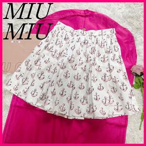 【美品】MIU MIU 膝丈スカート 総柄 フレア ホワイト 44 L 碇 ミュウミュウ 白