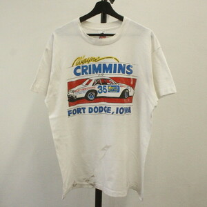 A495 90sビンテージ フルーツオブザルーム USEDCARプリントTシャツ■1990年代製 表記Lサイズ USA製 ホワイト アメカジ 古着 古着卸 80s