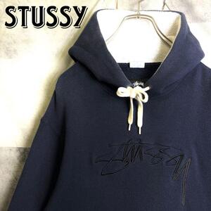 希少 美品 STUSSY CHAMPION ステューシー×チャンピオン コラボ 刺繍センターロゴ フーディー スウェット パーカー ネイビー 紺 L