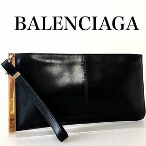 ■極美品■希少■BALENCIAGA バレンシアガ　ポーチ　クラッチバッグ　セカンドバッグ レザー　刻印あり　イタリア製　ブラック×ゴールド