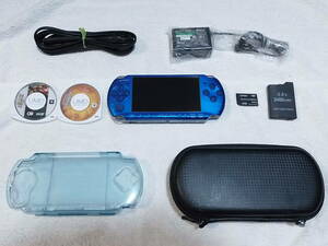 PSP-3000　ブルー　液晶画面は、完全にキズ無し、ヤケ無し、美品　本体は、普通の中古　三國志　麻雀格闘倶楽部　全9点セット