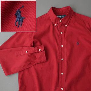 90s ラルフローレン シルク×コットン ヘビーツイルシャツ ボタンダウン ダークレッド(L) リラックスフィット RalphLauren