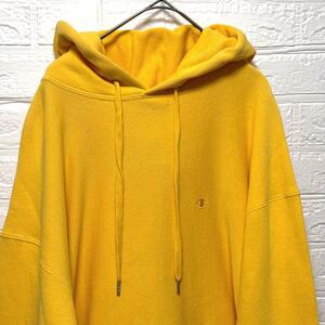 【YELLOW イエロー HAPPY】 Champion リバースウィーブ パーカー 刺繍ロゴ 青タグ LARGE 実寸XL相当 チャンピオン