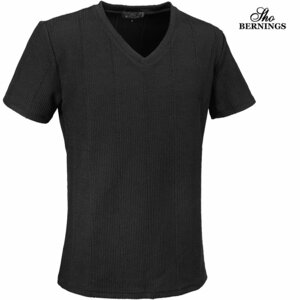 326752-90 Bernings sho Tシャツ 半袖 Vネック 織柄ストライプ mens メンズ(ブラック黒) Ｌカジュアル きれいめ シンプル 無地