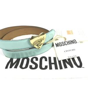 未使用品【モスキーノ】本物 MOSCHINO ベルト ハートバックル 全長84cm 幅2.5cm 水色系 本革 レザー 女性用 レディース 伊製 送料520円