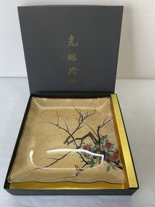 【美品】川村硝子工芸 尾形光琳 光琳絵皿 大皿1枚 小皿5枚 計6枚 KO-103 ファンシークラフトグラス 金色 黄金 食器 コレクション 