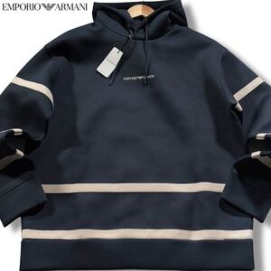 新品タグ付き/Lサイズ相当●近年モデル エンポリオ アルマーニ パーカー トレーナー フード EMPORIO ARMANI ストレッチ 胸元ロゴ ネイビー