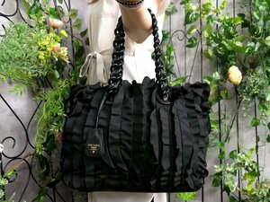 超美品●PRADA プラダ●プラスチックチェーン●フリル●ポコノ ナイロン カーフ レザー 本革●トート バッグ●黒●G金具●A4 収納●Js47355