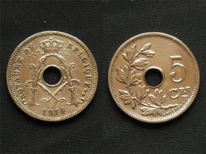 【ベルギー】 5サンチーム 1914年 白銅貨 世界大戦 開戦占領年