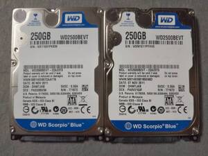 250GB Western Digital WD2500BEVT 5400回転 SATA300 2.5インチ 9.5mm SATA 二個セット 正常状態ジャンク品