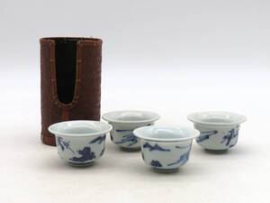 K7914 染付 青華 茶碗 4客 碗筒 茶器 焼物 陶磁工芸 唐物 中国美術 時代物 古美術 茶道具 