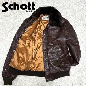 1円【極美品 定価10万相当】Schott ショット ダウンジャケット ボマー 襟ボア レザー モーターサイクル 本革 USA製 size36 ブラウン 茶