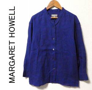 正規品 22SS MARGARET HOWELL マーガレットハウエル LINEN VOILE NO COLLAR SHIRTS 麻100％ 8分袖 リネン ノーカラーシャツ 2 青 ブルー