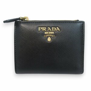 新品同様 PRADA プラダ サフィアーノ メタル レザー 二つ折り財布 コンパクトウォレット ブラック×ゴールド金具 ◆