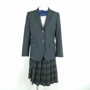 1円 ブレザー チェックスカート リボン 上下4点セット 大きいサイズ 冬物 女子 学生服 中学 高校 グレー 制服 中古 ランクB NA9271