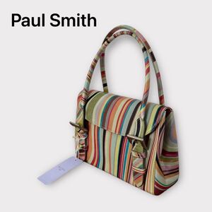 Paul Smith ポール スミス スワール ハンドバッグ パーティバッグ マルチストライプ 牛革 未使用品 ヨシナガ製 日本製