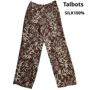 Talbots 絹シルク100% リーフ柄パンツ・ブラウン系・総柄 83205